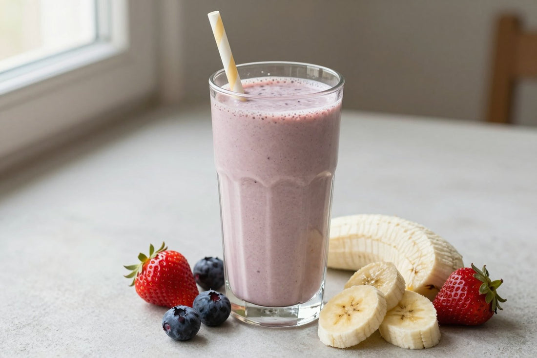 A tall glass of thick, creamy vanilla berry protein shake with a straw, a few of its fresh ingredients beside it
