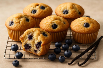 Vanilla Blueberry Brown Sugar Muffins on a cooling rack