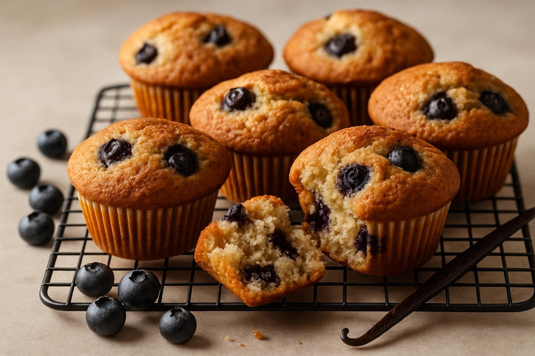 Vanilla Blueberry Cinnamon Muffins on a cooling rack