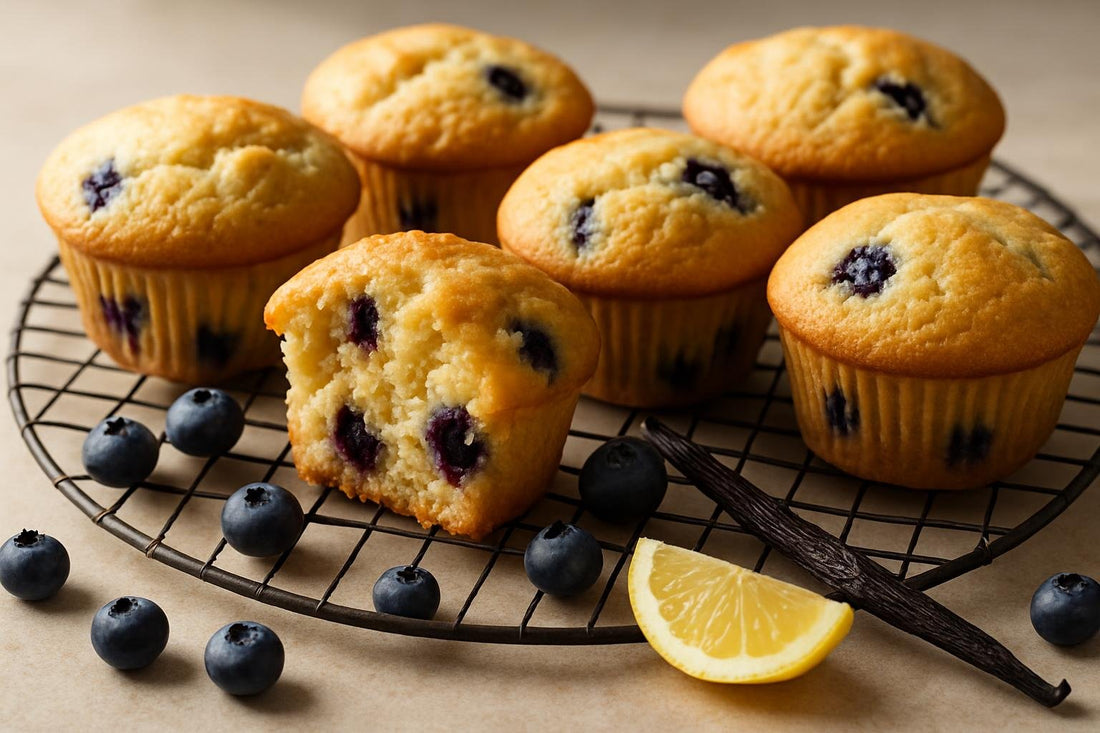 Vanilla Blueberry Lemon Muffins on a cooling rack