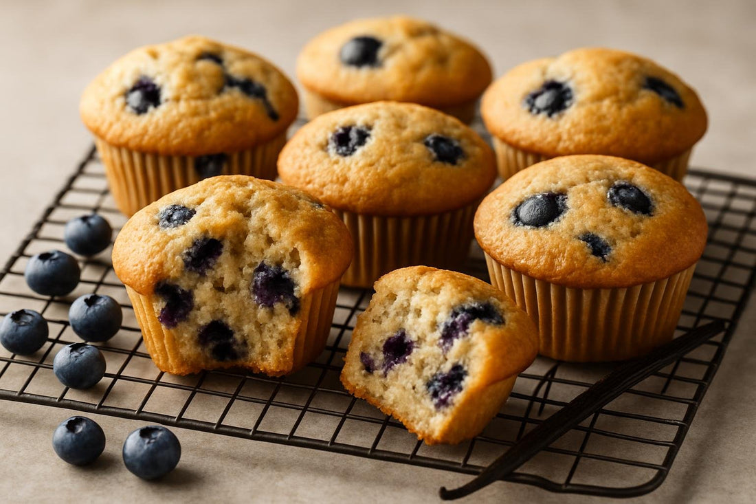 Vanilla Blueberry Maple Muffins on a cooling rack