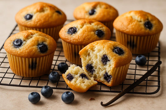 Vanilla Blueberry Muffins on a cooling rack
