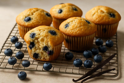 Vanilla Blueberry Orange Muffins on a cooling rack