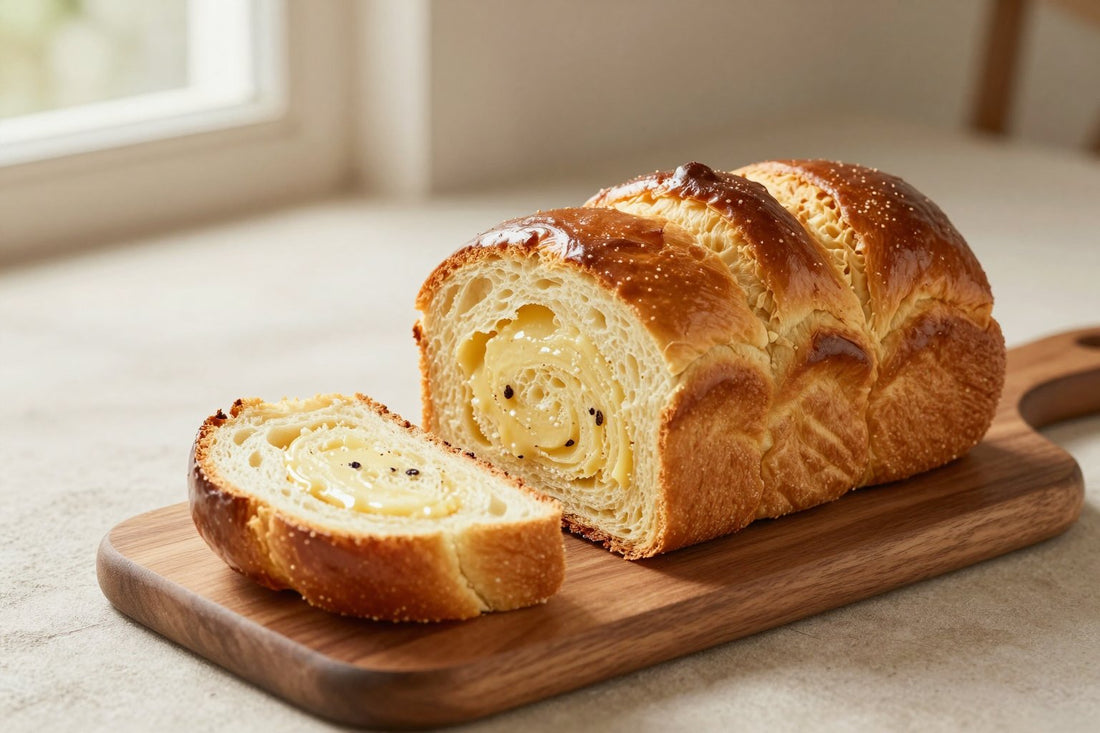 A glossy, deep golden vanilla brioche on a wooden board, one piece torn open to show the soft, feathery crumb