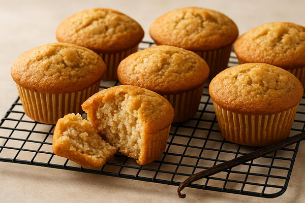Vanilla Brown Sugar Cardamom Muffins on a cooling rack