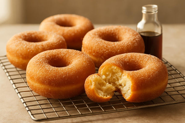 Vanilla Brown Sugar Yeast Doughnuts on a cooling rack