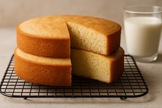 Two bare, level rounds of vanilla butter cake layers stacked on a cooling rack with one slice cut to show the crumb