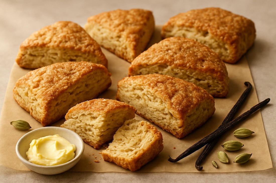 Vanilla Cardamom Brown Sugar Scones on parchment