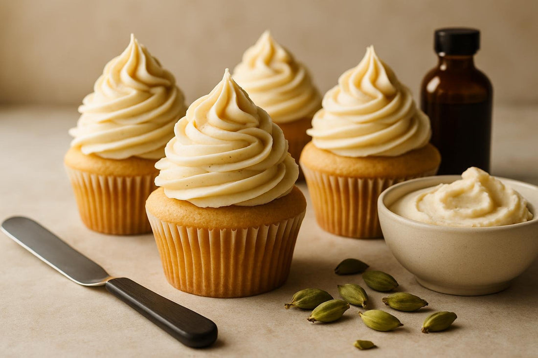 Cupcakes piped with vanilla cardamom buttercream