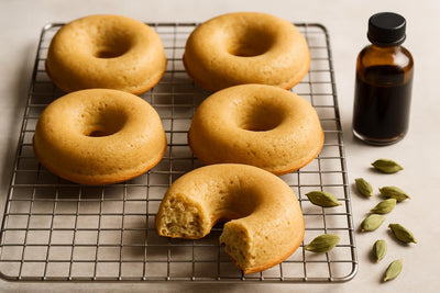 Vanilla Cardamom Cake Doughnuts on a cooling rack