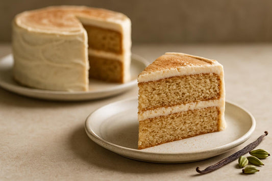 Slice of vanilla cardamom cinnamon cake