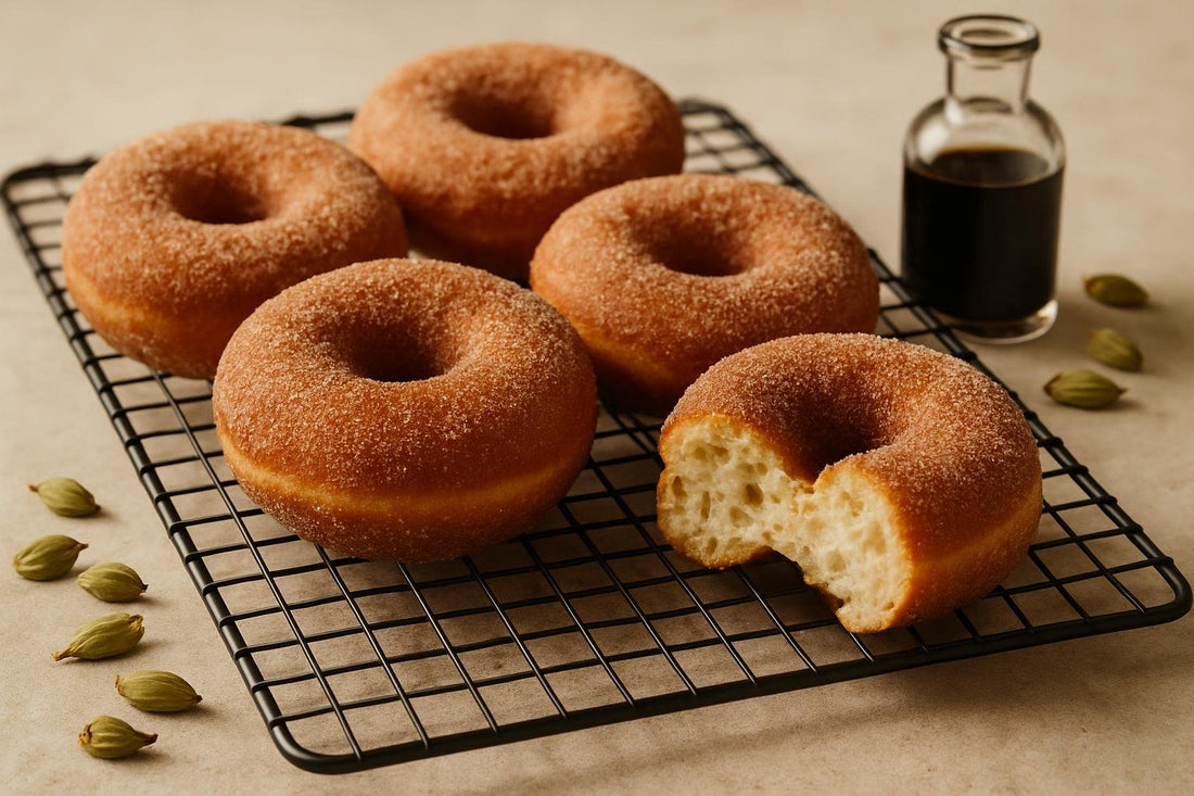 Vanilla Cardamom Cinnamon Yeast Doughnuts on a cooling rack