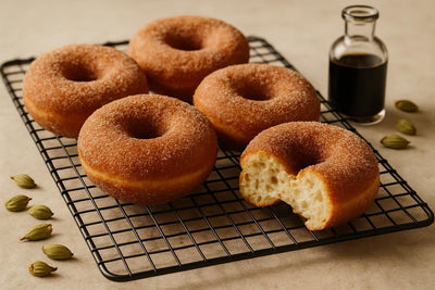 Vanilla Cardamom Cinnamon Yeast Doughnuts on a cooling rack