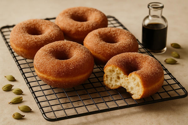 Vanilla Cardamom Cinnamon Yeast Doughnuts on a cooling rack