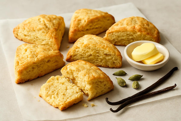 Vanilla Cardamom Ginger Scones on parchment