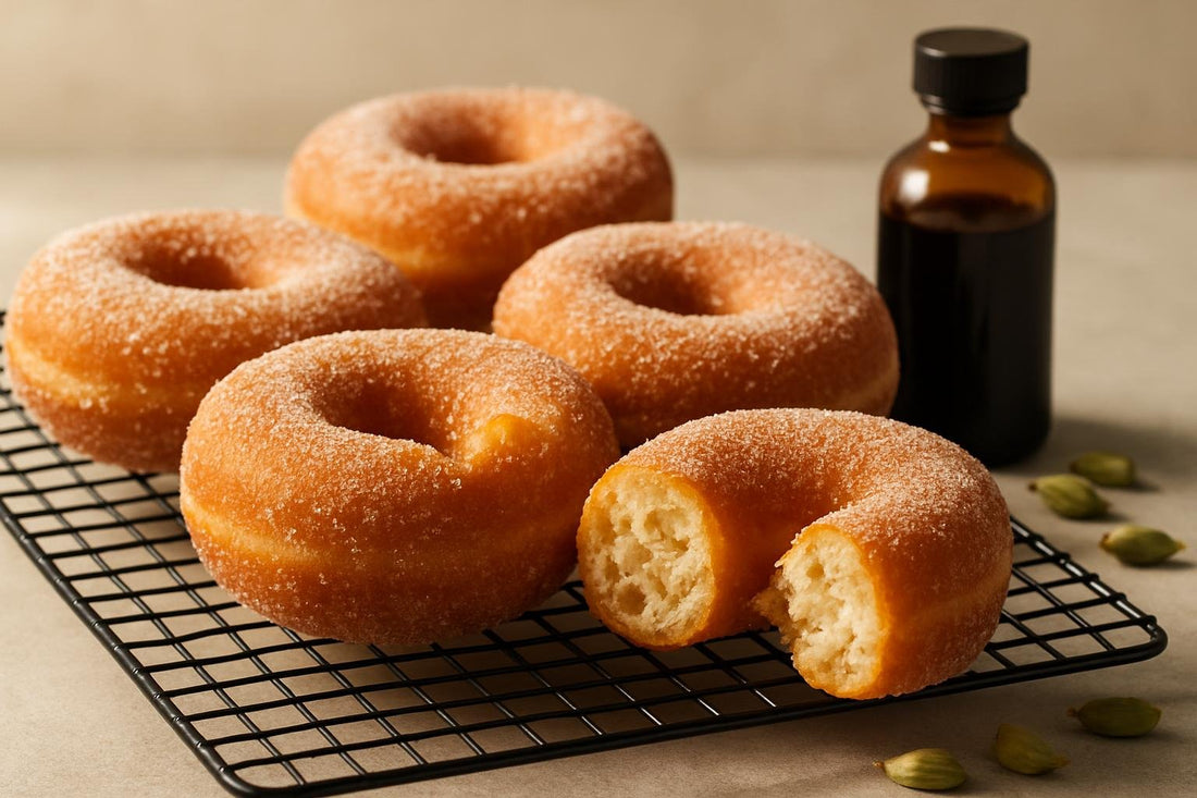 Vanilla Cardamom Ginger Yeast Doughnuts on a cooling rack