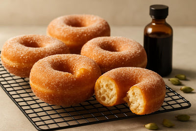 Vanilla Cardamom Ginger Yeast Doughnuts on a cooling rack