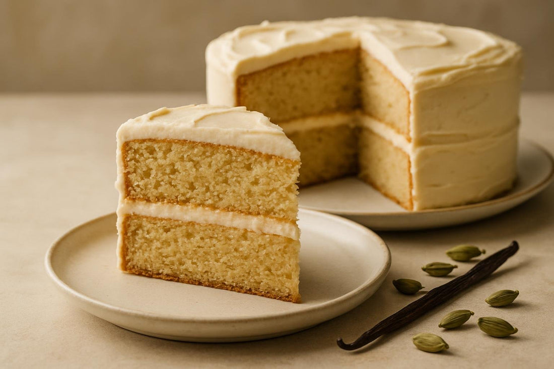 Slice of vanilla cardamom maple cake