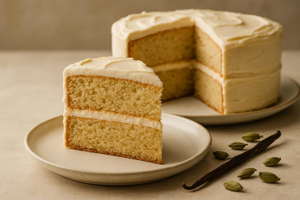 Slice of vanilla cardamom maple cake