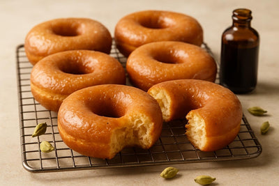 Vanilla Cardamom Maple Yeast Doughnuts on a cooling rack