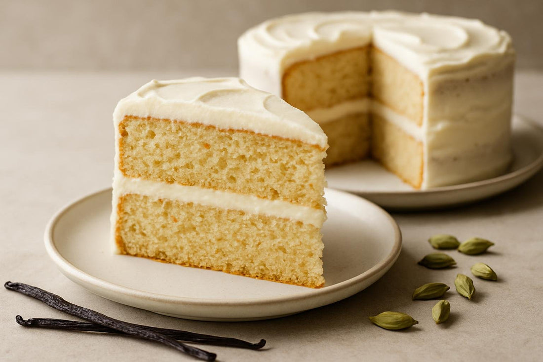 Slice of vanilla cardamom orange cake