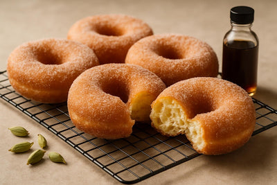 Vanilla Cardamom Orange Yeast Doughnuts on a cooling rack