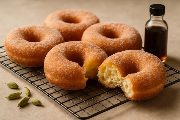 Vanilla Cardamom Orange Yeast Doughnuts on a cooling rack