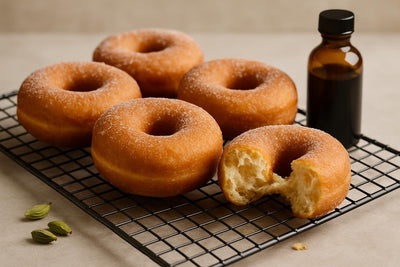 Vanilla Cardamom Yeast Doughnuts on a cooling rack