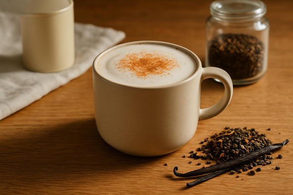 Homemade vanilla chai latte in ceramic mug with foam, cinnamon dusting, loose chai tea and vanilla bean on wooden table