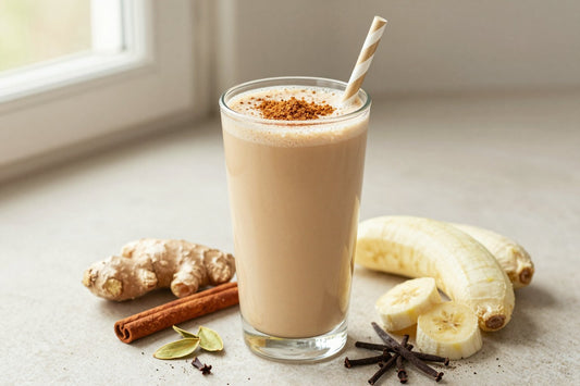 A tall glass of thick, creamy vanilla chai protein shake with a straw, a few of its fresh ingredients beside it