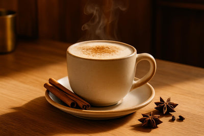 Vanilla Chai in a ceramic mug on an oak kitchen island