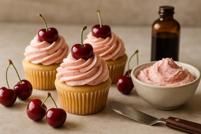 Cupcakes piped with vanilla cherry buttercream