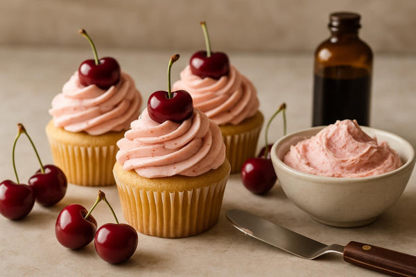 Cupcakes piped with vanilla cherry buttercream