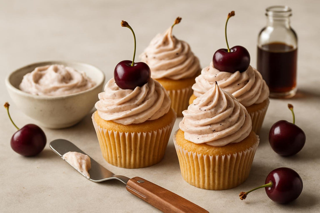 Cupcakes piped with vanilla cherry cardamom buttercream