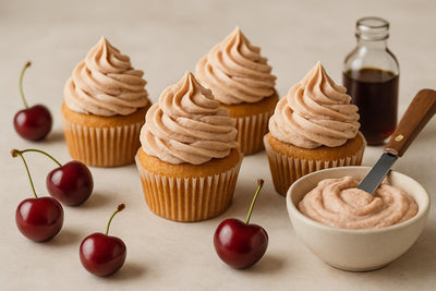Cupcakes piped with vanilla cherry cinnamon buttercream