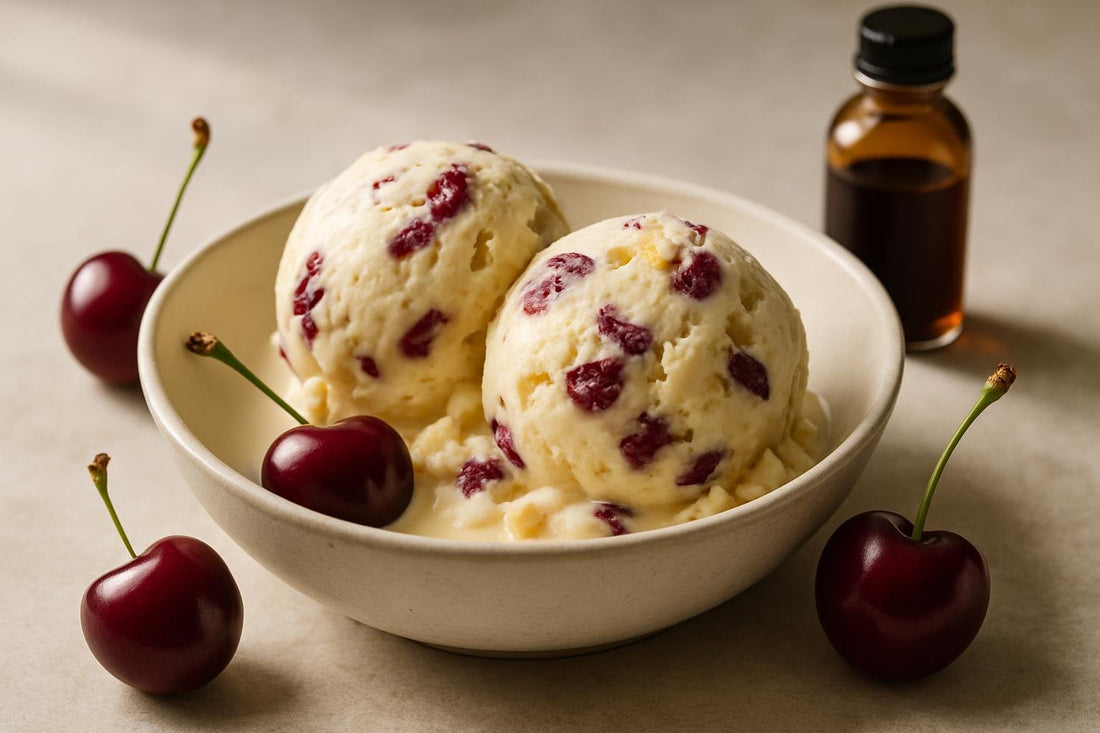Scoops of vanilla cherry ginger custard ice cream in a ceramic bowl