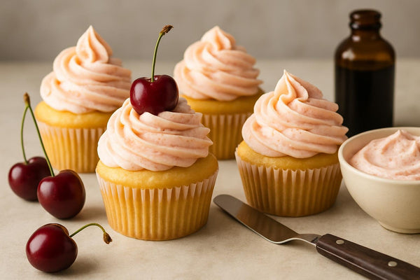 Cupcakes piped with vanilla cherry lemon buttercream
