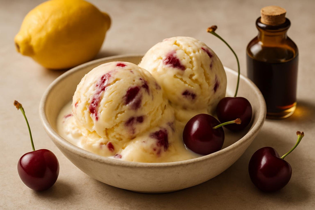 Scoops of vanilla cherry lemon custard ice cream in a ceramic bowl