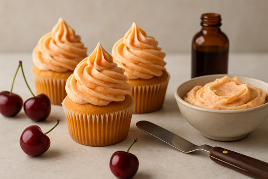 Cupcakes piped with vanilla cherry orange buttercream