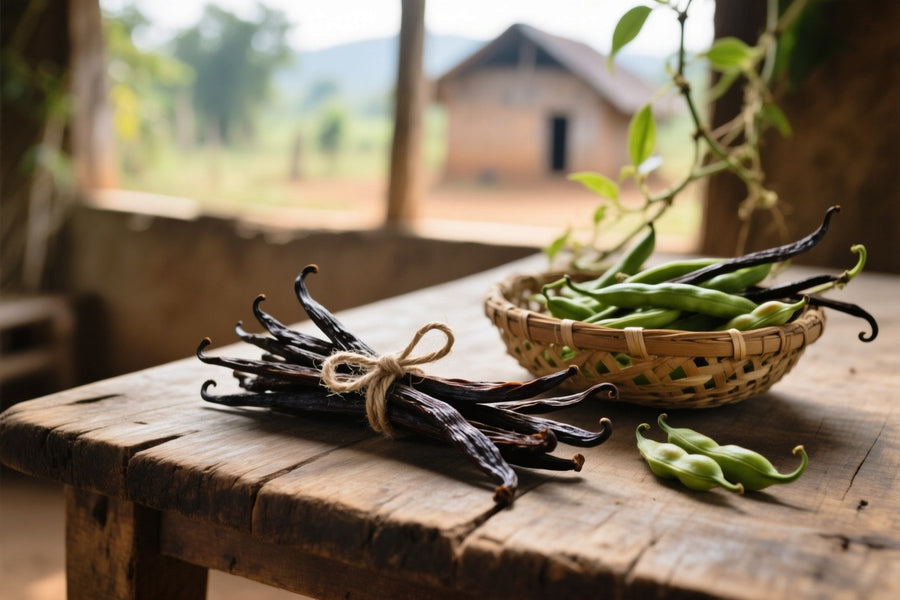A twine-tied bundle of cured vanilla beans beside a basket of green vanilla pods on a farm table