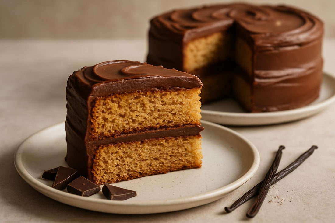 Slice of vanilla chocolate cinnamon cake