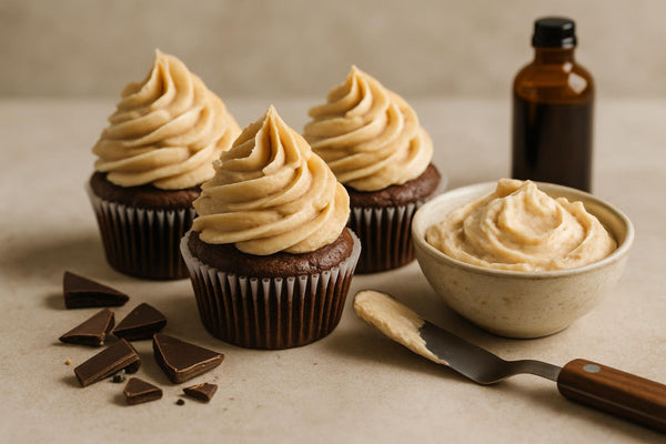 Cupcakes piped with vanilla chocolate ginger buttercream