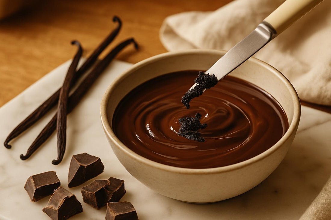 Vanilla bean seeds being added to melted chocolate, showing the classic pairing of vanilla and chocolate in baking
