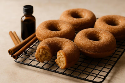 Vanilla Cinnamon Brown Sugar Cake Doughnuts on a cooling rack