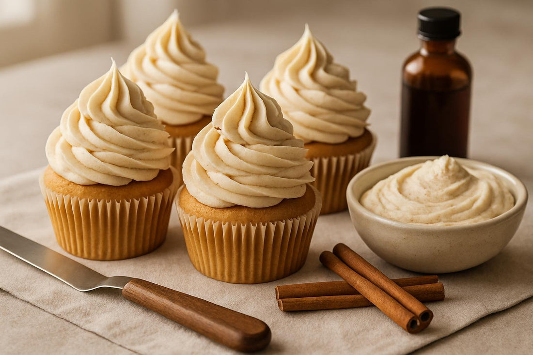 Cupcakes piped with vanilla cinnamon buttercream