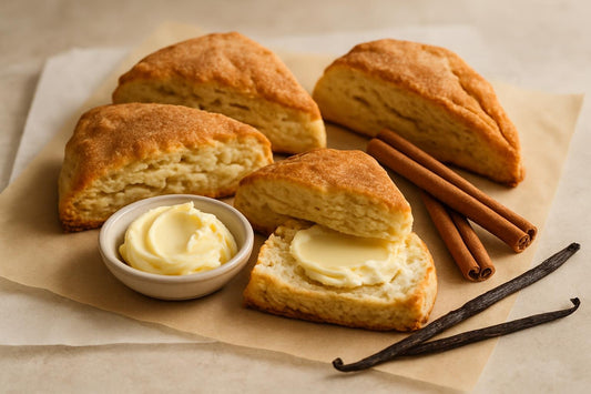 Vanilla Cinnamon Cream Scones on parchment