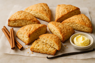 Vanilla Cinnamon Ginger Scones on parchment