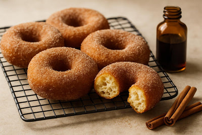 Vanilla Cinnamon Ginger Yeast Doughnuts on a cooling rack