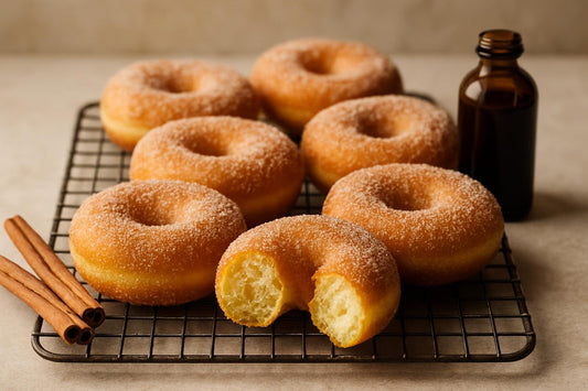 Vanilla Cinnamon Lemon Yeast Doughnuts on a cooling rack