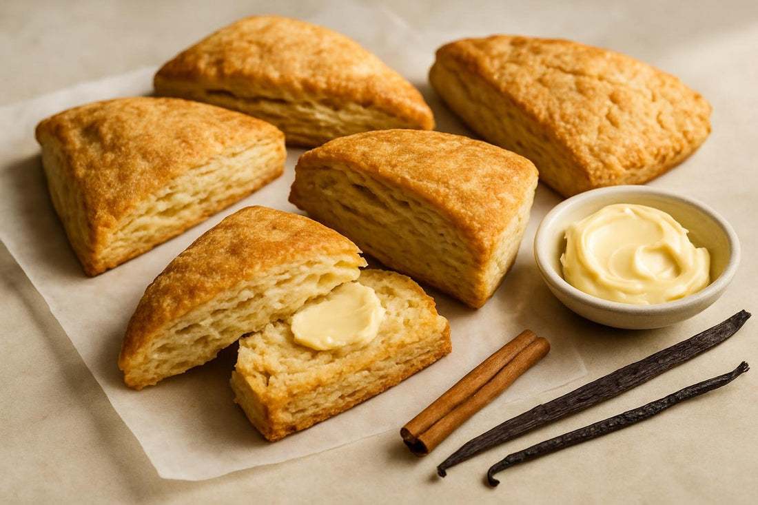 Vanilla Cinnamon Maple Scones on parchment